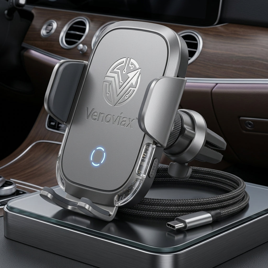 Venoviax™ AeroGrip 15W Wireless Car Charging Mount – Fast-Charging Air Vent Phone Holder with Secure Clamp, 360° Rotation & USB-C Power