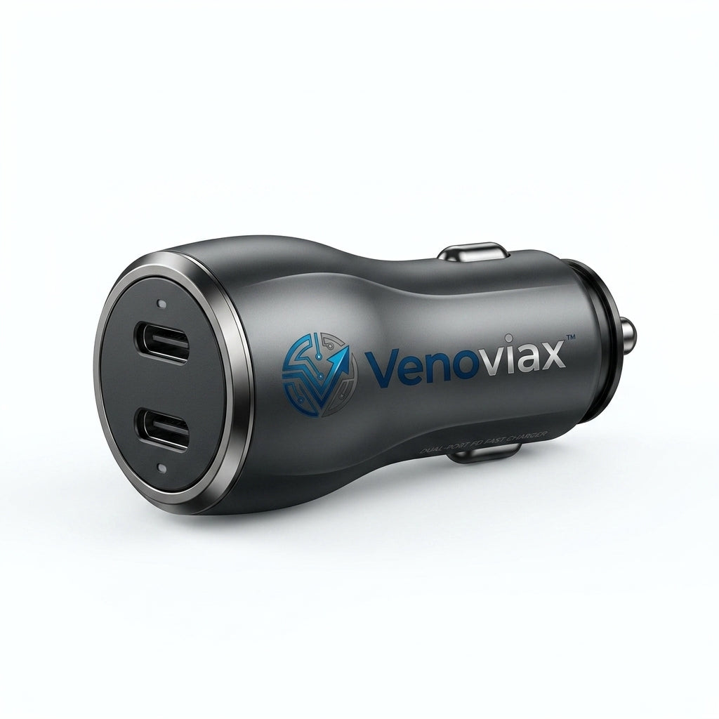 Venoviax™ DuoCharge 30W Dual-Port Car Charger – PD 3.0 & QC 3.0 Fast Charging Adapter with Dual USB-C Ports, Compact Metal Body for Cars, SUVs & Trucks