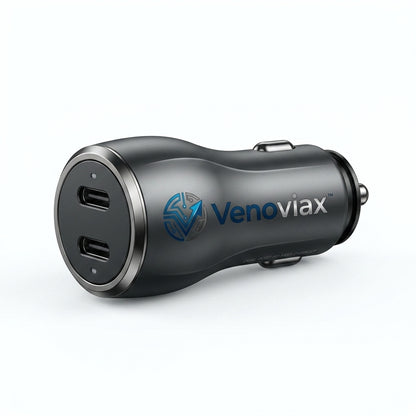Venoviax™ DuoCharge 30W Dual-Port Car Charger – PD 3.0 & QC 3.0 Fast Charging Adapter with Dual USB-C Ports, Compact Metal Body for Cars, SUVs & Trucks