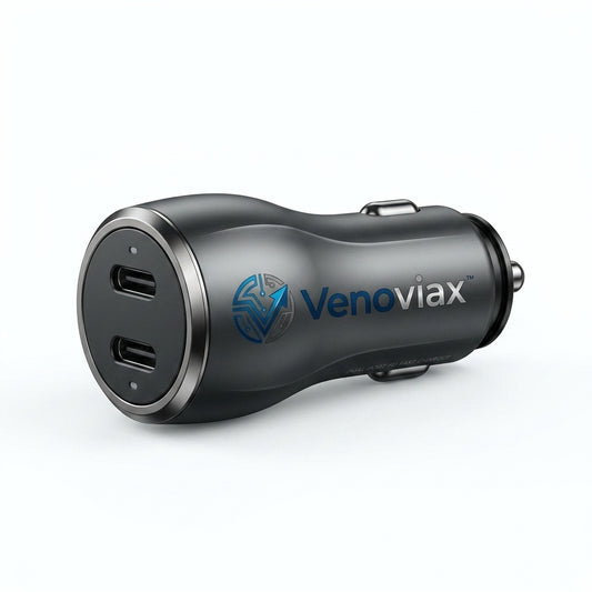 Venoviax™ DuoCharge 30W Dual-Port Car Charger – PD 3.0 & QC 3.0 Fast Charging Adapter with Dual USB-C Ports, Compact Metal Body for Cars, SUVs & Trucks