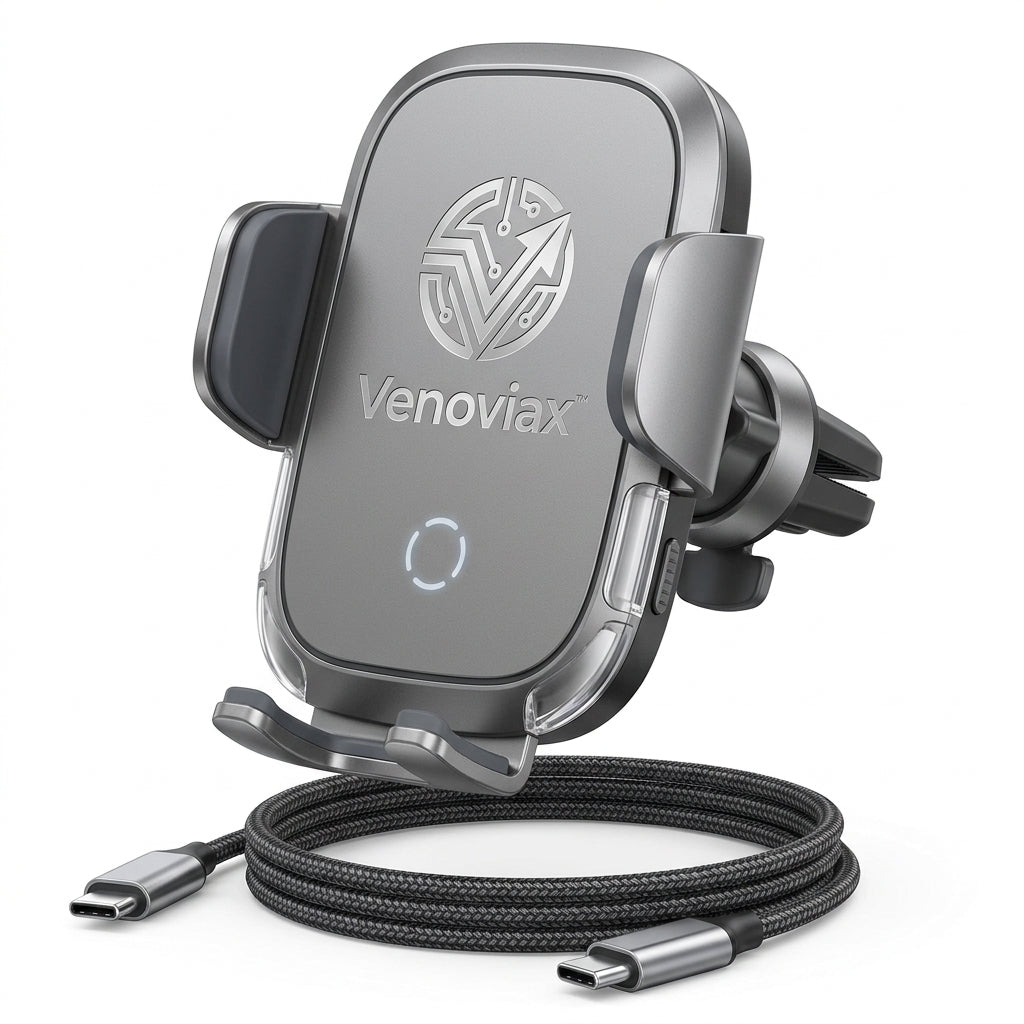 Venoviax™ AeroGrip 15W Wireless Car Charging Mount – Fast-Charging Air Vent Phone Holder with Secure Clamp, 360° Rotation & USB-C Power