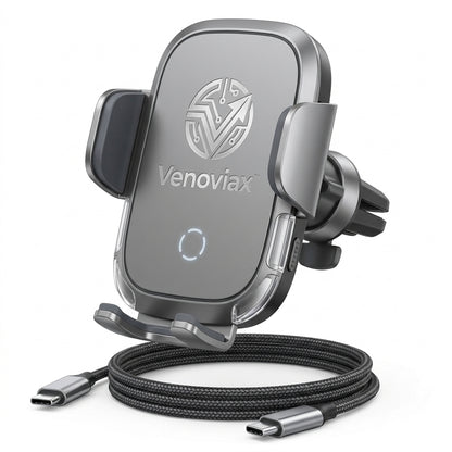 Venoviax™ AeroGrip 15W Wireless Car Charging Mount – Fast-Charging Air Vent Phone Holder with Secure Clamp, 360° Rotation & USB-C Power