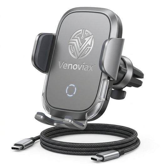 Venoviax™ AeroGrip 15W Wireless Car Charging Mount – Fast-Charging Air Vent Phone Holder with Secure Clamp, 360° Rotation & USB-C Power