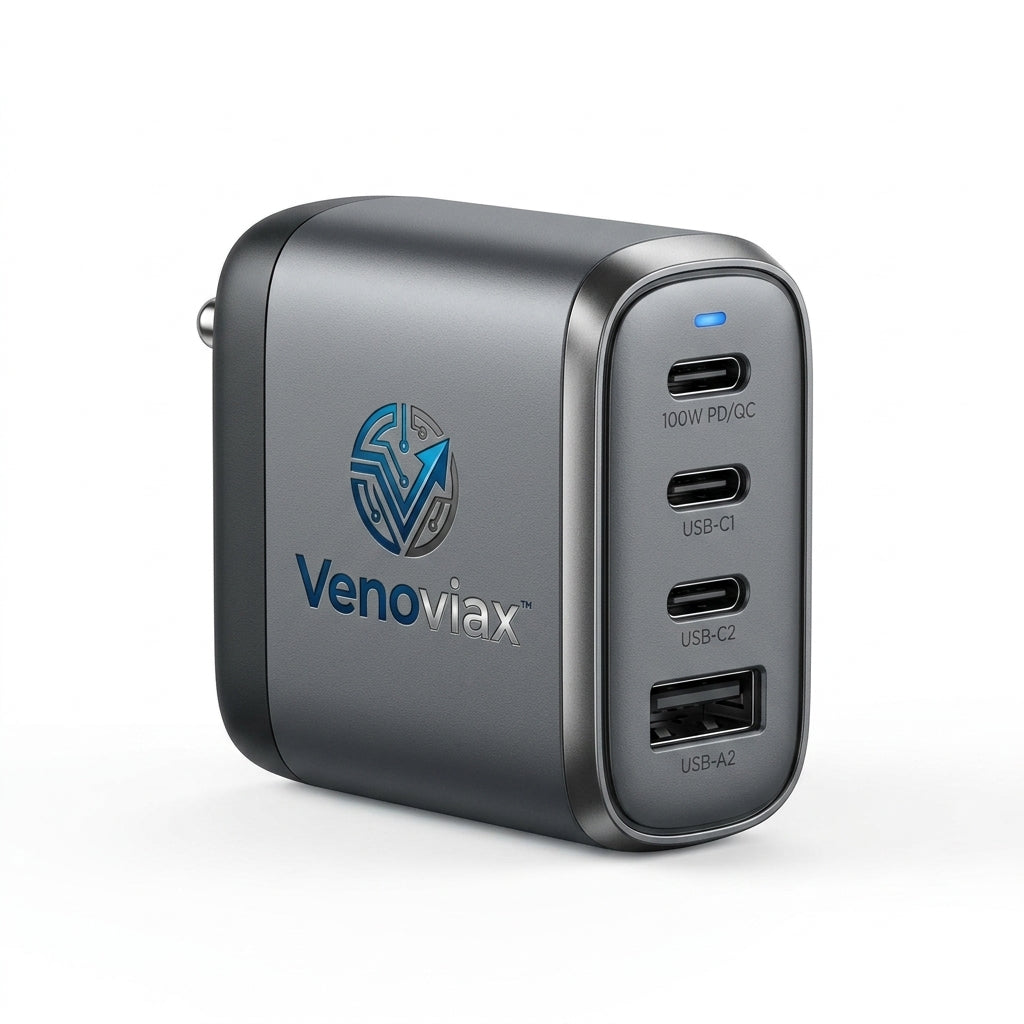 Venoviax™ PowerNest 100 GaN Fast Charger – 100W Multi-Port PD/QC Wall Charger with 3 USB-C Ports, 1 USB-A Port & Compact Travel-Ready Design