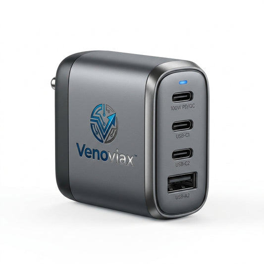 Venoviax™ PowerNest 100 GaN Fast Charger – 100W Multi-Port PD/QC Wall Charger with 3 USB-C Ports, 1 USB-A Port & Compact Travel-Ready Design