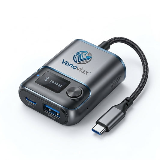 Venoviax™ SyncWave B53 Bluetooth 5.3 Audio Adapter – Instant Wireless Pairing with USB-C & USB-A Connectivity, Smart Display, Premium Portable Design for Car, Home & Travel Audio
