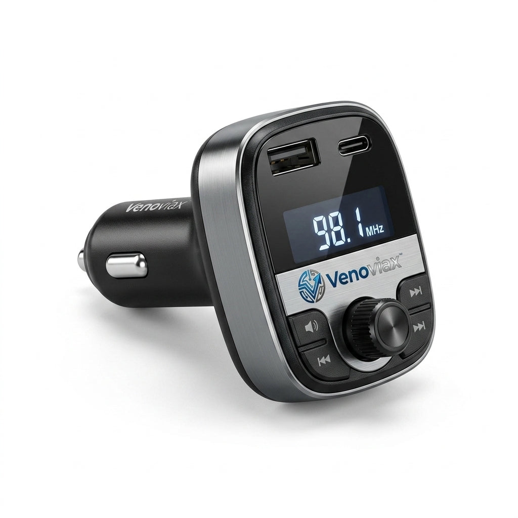 Venoviax™ DriveTune Pro Bluetooth FM Transmitter – Dual-Port Car Charger with USB-C & USB-A, Clear LED Display, Multi-Function Control Knob & Wireless Audio Sync