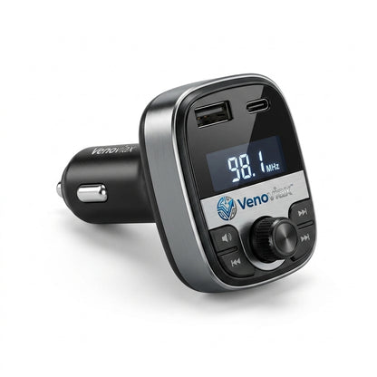 Venoviax™ DriveTune Pro Bluetooth FM Transmitter – Dual-Port Car Charger with USB-C & USB-A, Clear LED Display, Multi-Function Control Knob & Wireless Audio Sync