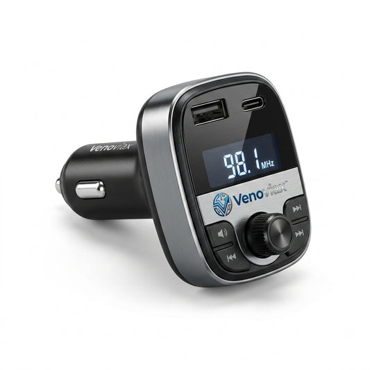 Venoviax™ DriveTune Pro Bluetooth FM Transmitter – Dual-Port Car Charger with USB-C & USB-A, Clear LED Display, Multi-Function Control Knob & Wireless Audio Sync