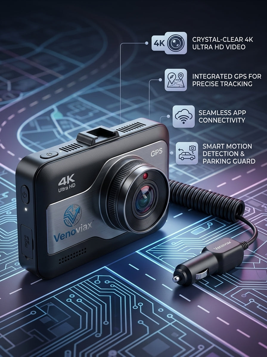 Venoviax™ RoadVista 4K GPS Smart Dash Camera – Ultra HD Driving Recorder with App Connectivity, Motion Detection & Parking Guard
