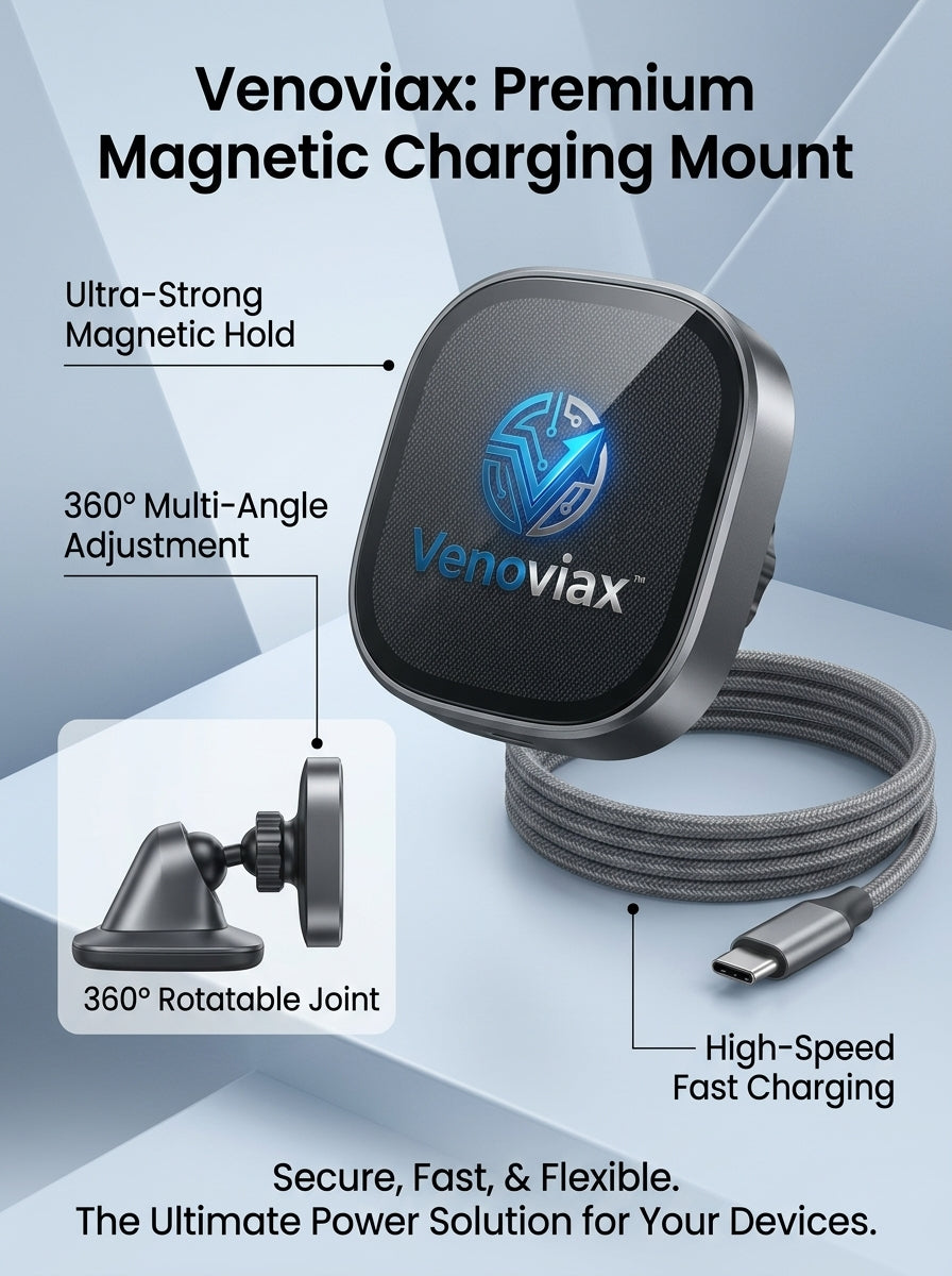 Venoviax™ MagniFlex Pro Magnetic Wireless Charging Mount – 360° Adjustable Phone Holder with Strong Magnetic Alignment, USB-C Fast Charging & Premium Rotatable Base