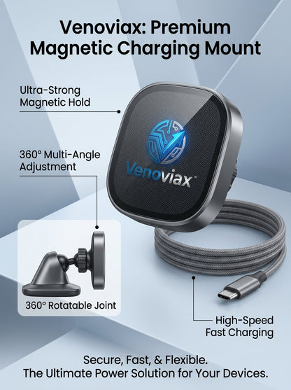 Venoviax™ MagniFlex Pro Magnetic Wireless Charging Mount – 360° Adjustable Phone Holder with Strong Magnetic Alignment, USB-C Fast Charging & Premium Rotatable Base