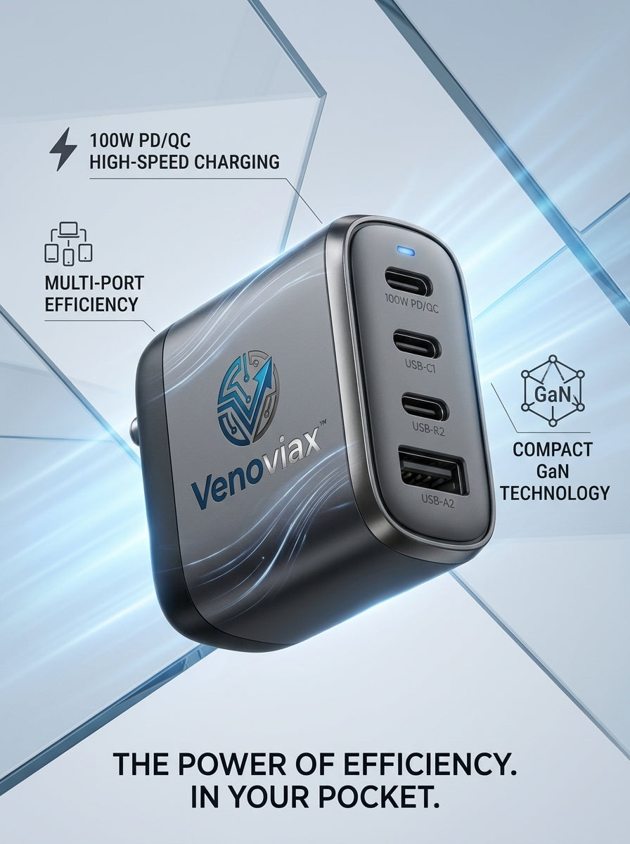 Venoviax™ PowerNest 100 GaN Fast Charger – 100W Multi-Port PD/QC Wall Charger with 3 USB-C Ports, 1 USB-A Port & Compact Travel-Ready Design