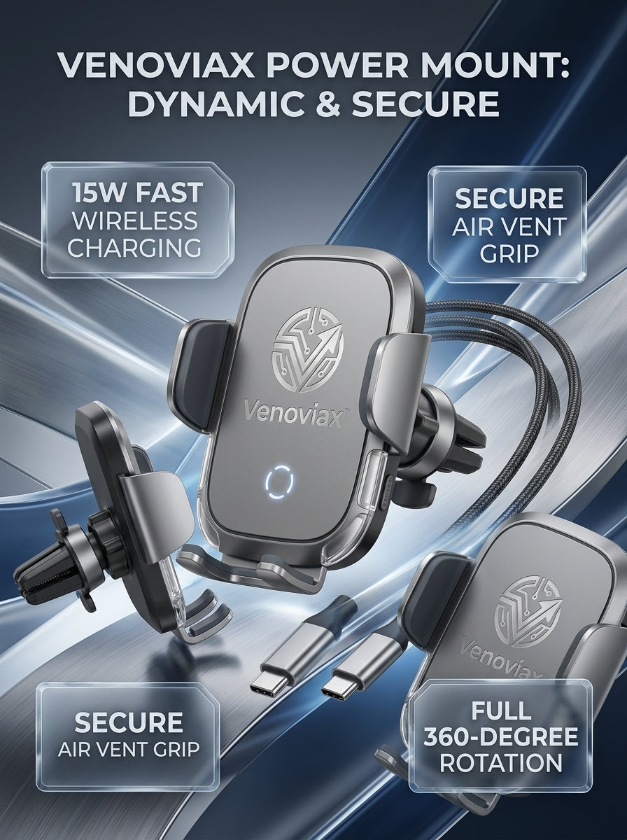 Venoviax™ AeroGrip 15W Wireless Car Charging Mount – Fast-Charging Air Vent Phone Holder with Secure Clamp, 360° Rotation & USB-C Power