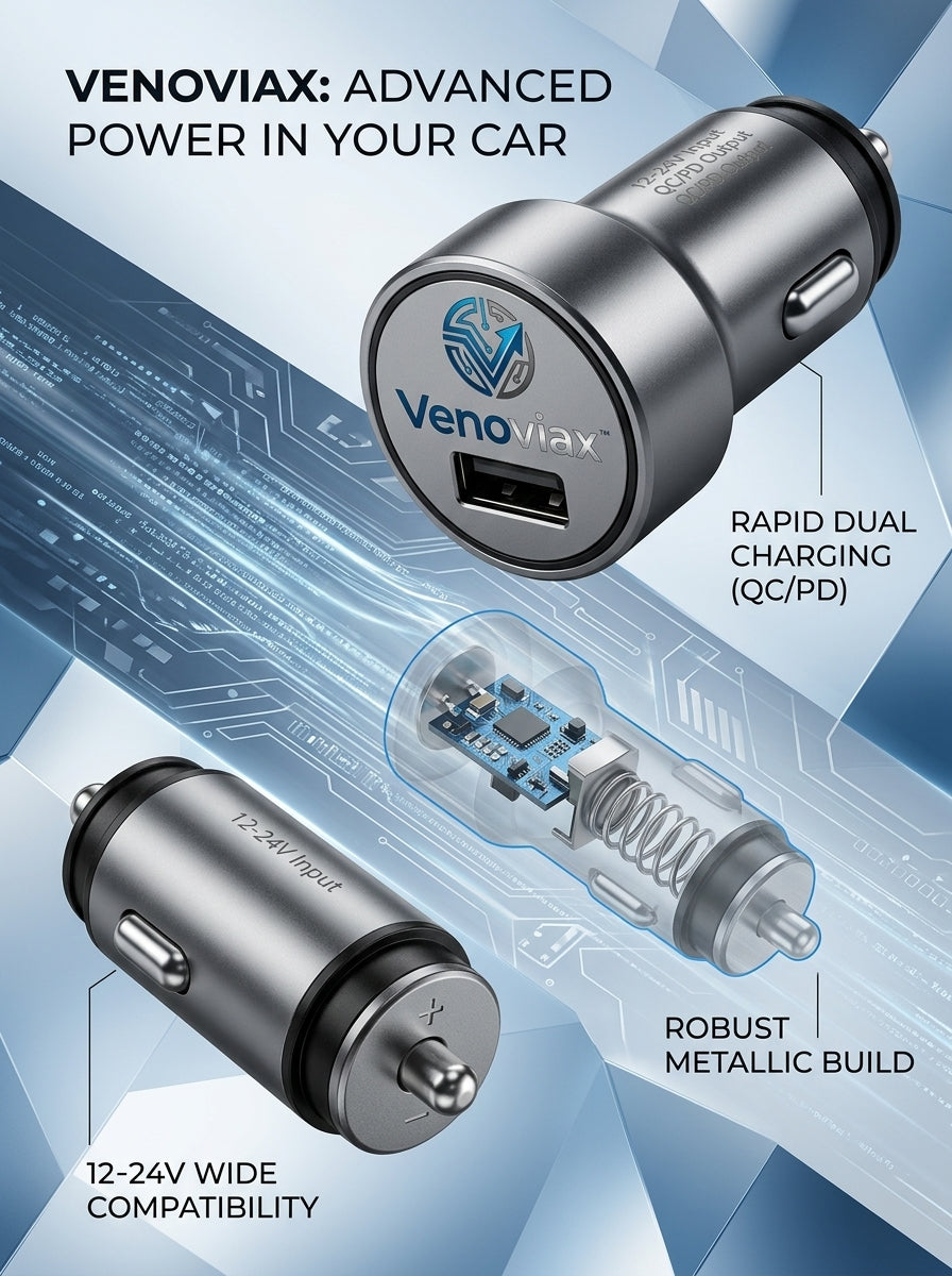 Venoviax™ PowerCruze QC/PD Car Charger – Compact Dual Fast Charging Adapter for Cars, SUVs & Trucks