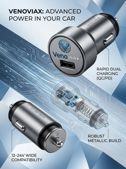 Venoviax™ PowerCruze QC/PD Car Charger – Compact Dual Fast Charging Adapter for Cars, SUVs & Trucks
