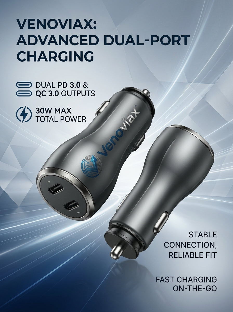 Venoviax™ DuoCharge 30W Dual-Port Car Charger – PD 3.0 & QC 3.0 Fast Charging Adapter with Dual USB-C Ports, Compact Metal Body for Cars, SUVs & Trucks