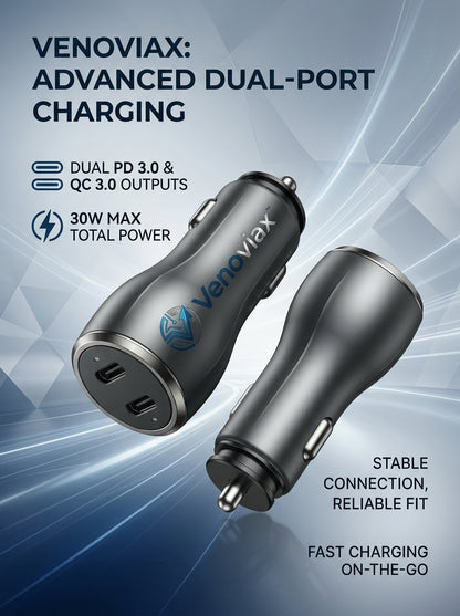 Venoviax™ DuoCharge 30W Dual-Port Car Charger – PD 3.0 & QC 3.0 Fast Charging Adapter with Dual USB-C Ports, Compact Metal Body for Cars, SUVs & Trucks