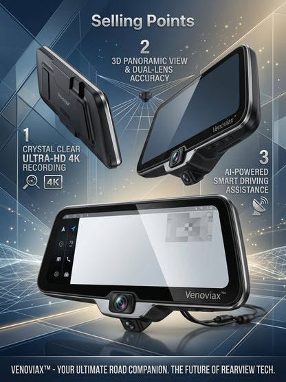 Venoviax™ VisionDrive X4 Smart Rearview Mirror Dash Cam – 4K Ultra HD Dual-Lens Driving Recorder with 3D Panoramic View & Intelligent Driving Assistance