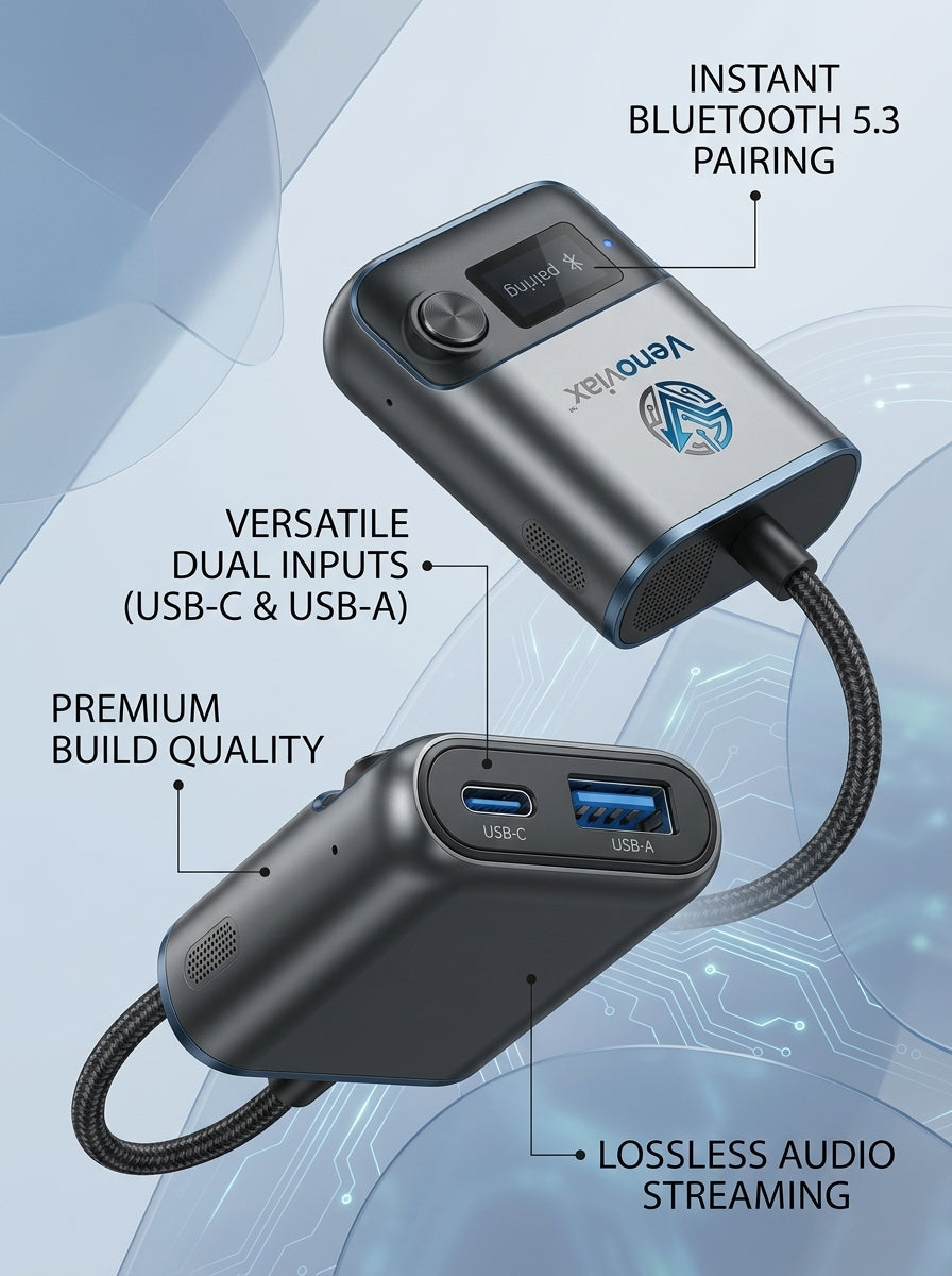 Venoviax™ SyncWave B53 Bluetooth 5.3 Audio Adapter – Instant Wireless Pairing with USB-C & USB-A Connectivity, Smart Display, Premium Portable Design for Car, Home & Travel Audio
