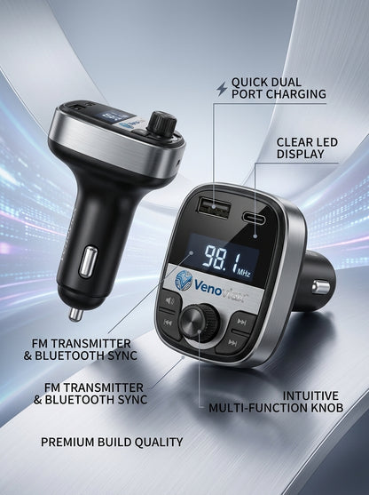 Venoviax™ DriveTune Pro Bluetooth FM Transmitter – Dual-Port Car Charger with USB-C & USB-A, Clear LED Display, Multi-Function Control Knob & Wireless Audio Sync