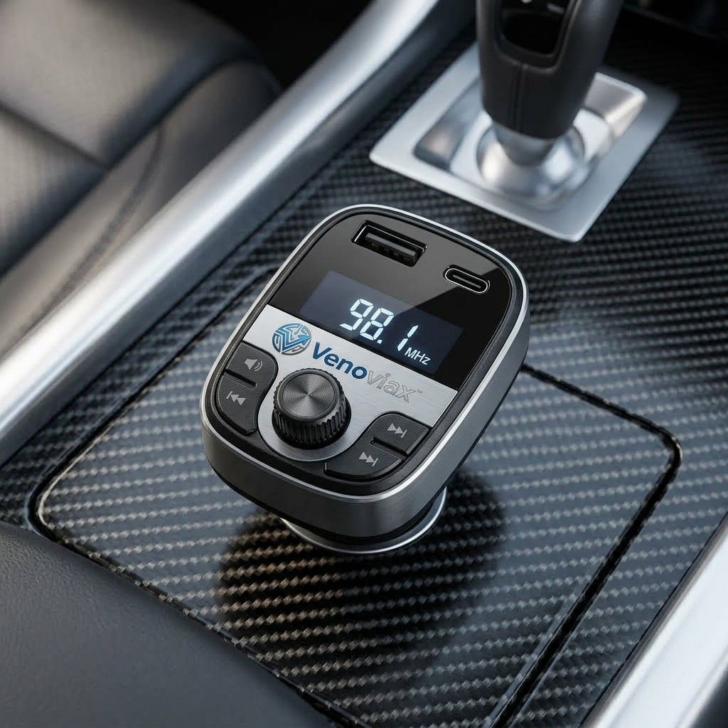 Venoviax™ DriveTune Pro Bluetooth FM Transmitter – Dual-Port Car Charger with USB-C & USB-A, Clear LED Display, Multi-Function Control Knob & Wireless Audio Sync