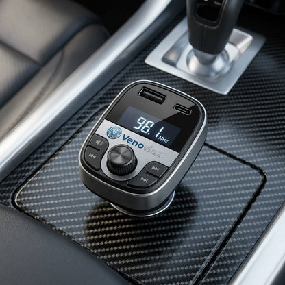 Venoviax™ DriveTune Pro Bluetooth FM Transmitter – Dual-Port Car Charger with USB-C & USB-A, Clear LED Display, Multi-Function Control Knob & Wireless Audio Sync