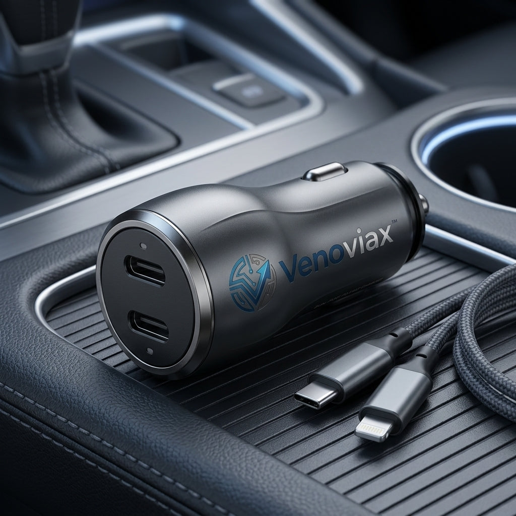 Venoviax™ DuoCharge 30W Dual-Port Car Charger – PD 3.0 & QC 3.0 Fast Charging Adapter with Dual USB-C Ports, Compact Metal Body for Cars, SUVs & Trucks