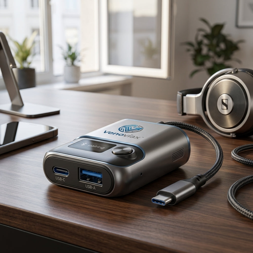 Venoviax™ SyncWave B53 Bluetooth 5.3 Audio Adapter – Instant Wireless Pairing with USB-C & USB-A Connectivity, Smart Display, Premium Portable Design for Car, Home & Travel Audio