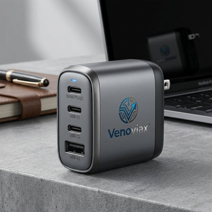 Venoviax™ PowerNest 100 GaN Fast Charger – 100W Multi-Port PD/QC Wall Charger with 3 USB-C Ports, 1 USB-A Port & Compact Travel-Ready Design
